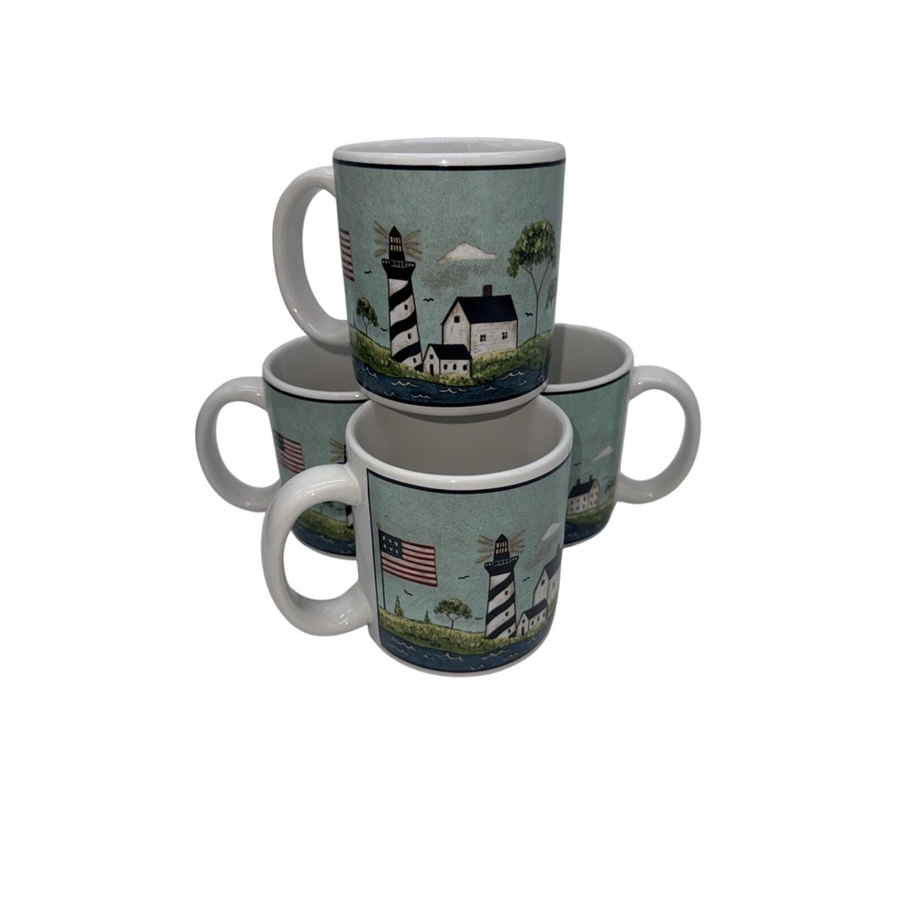 Set of 4 Mugs  "Coastal Breeze"  Warren Kimble By Sakura 1998 Vintage 10oz.